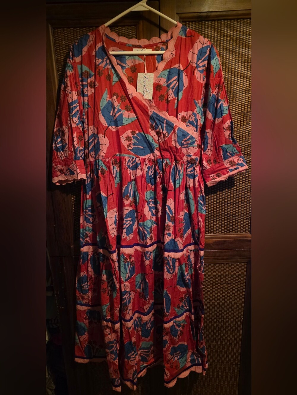 Farylina NWT Red Floral Wrap Midi Dress with Puff Sleeves PTP 20 - Picture 2 of 2
